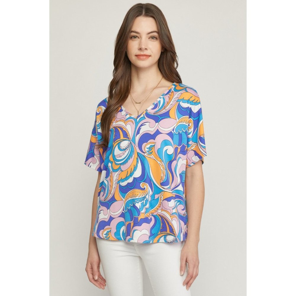 Entro Abstract V-Neck Top, Blue